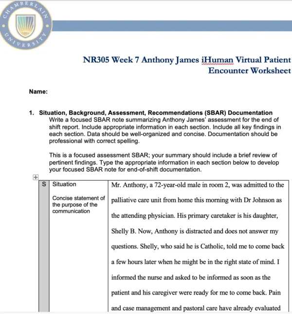 NR305 Week 7 Assignment: Anthony James iHuman Virtual Patient Encounter