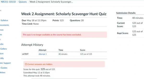 NR351 Week 2 Assignment: Scholarly Scavenger Hunt Quiz