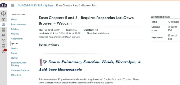 NUR-502 Exam Chapters 5 and 6 Pulmonary Function, Fluids, Electrolyte, & Acid-base Homeostasis